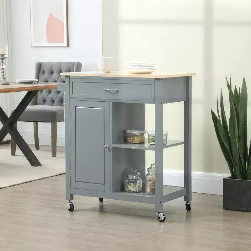 Okak Carrello da Cucina su Ruote con Ripiano, Carrello da Cucina con Piano in Legno, Tavolo da Isola da Cucina per Sala da Pranzo, Cucina, Soggiorno