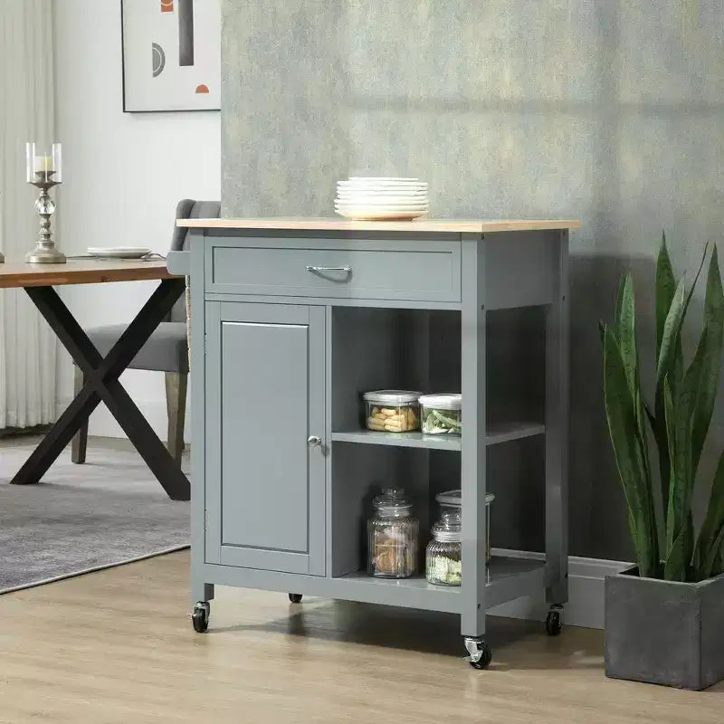 Okak Carrello da Cucina su Ruote con Ripiano, Carrello da Cucina con Piano in Legno, Tavolo da Isola da Cucina per Sala da Pranzo, Cucina, Soggiorno