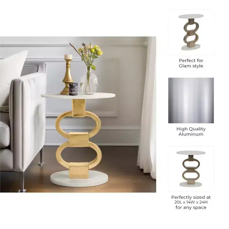 Tavolino d'appoggio Modern Accent con piano in marmo bianco e base scultorea in metallo - Tavolino rotondo contemporaneo per qualsiasi arredamento - 24, bianco e oro