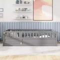Okak Twin Size Floor Beds for Kids,Wooden Toddler Bed with Fence&Door,Children's Floor Bed for Girls,Boys,Pine Wood,Gray