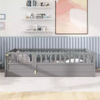 Okak Twin Size Floor Beds for Kids,Wooden Toddler Bed with Fence&Door,Children's Floor Bed for Girls,Boys,Pine Wood,Gray