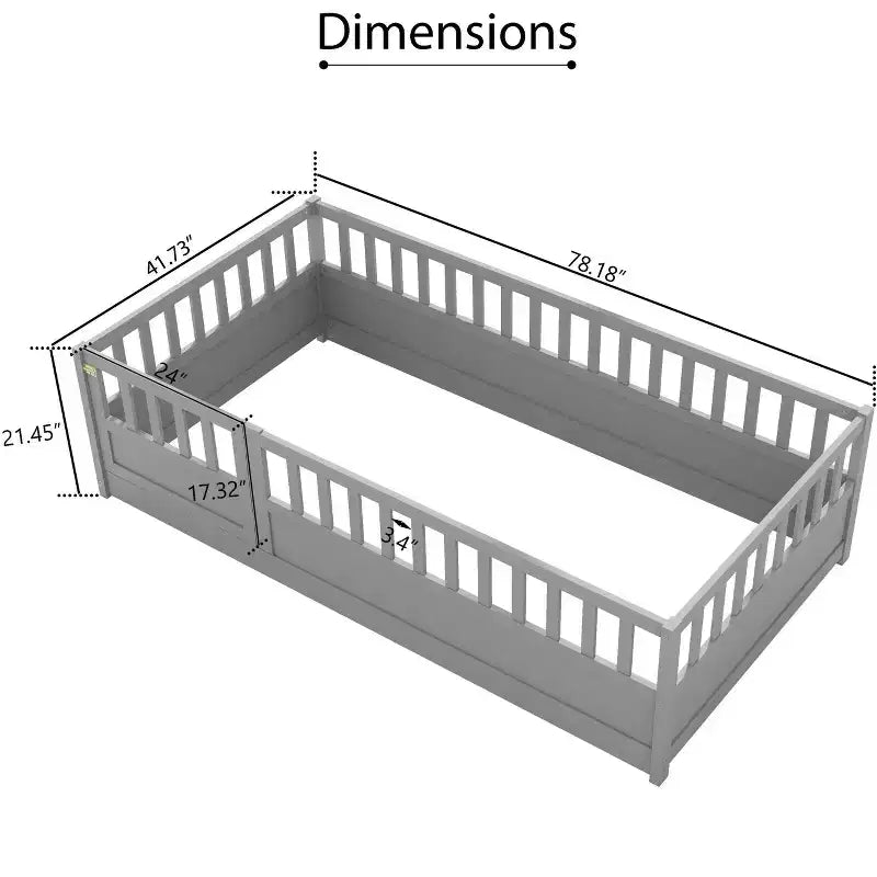 Okak Letti a pavimento per bambini, dimensioni gemelle, letto per bambini in legno con recinzione e porta, letto a pavimento per bambini per ragazze, ragazzi, legno di pino, grigio