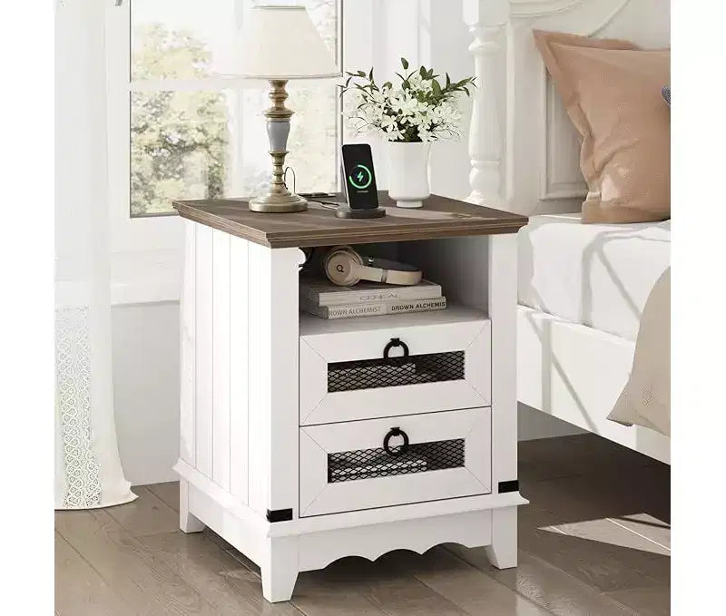 Tavolino da divano/comodino da 24" in stile rustico con stazione di ricarica e 2 cassetti, in legno, per soggiorno e camera da letto