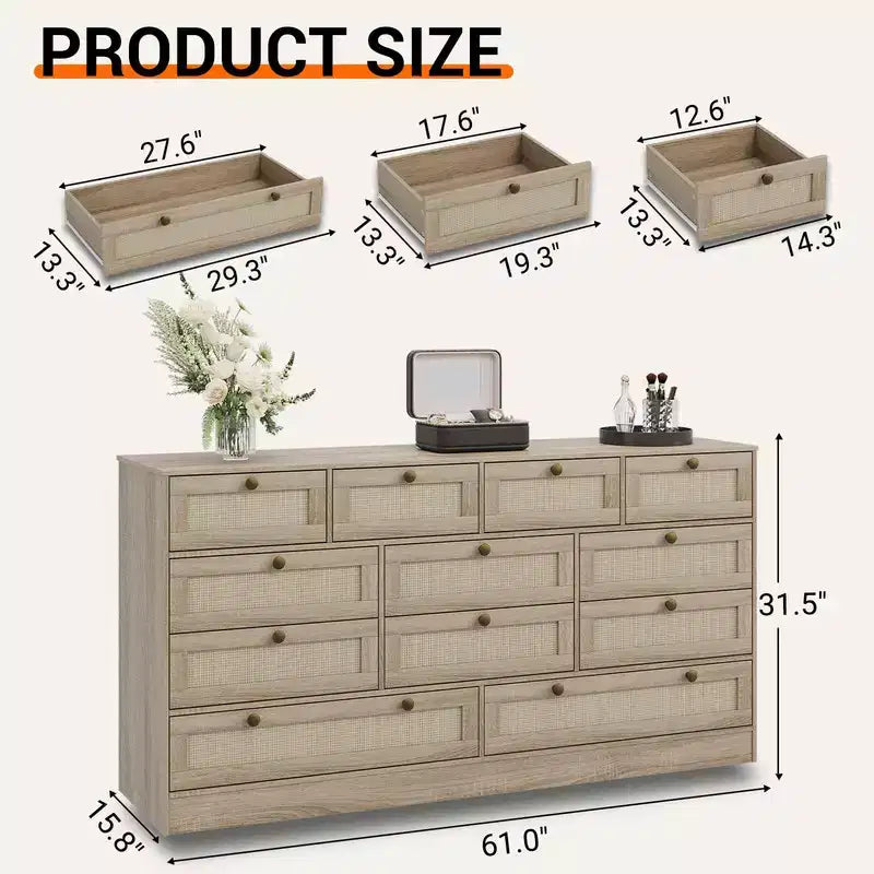 Coolmee Comò in Legno con 12 Cassetti in Rattan, Comò Largo 61 cm, Mobile da Ingresso, Comò Armadio in Legno, Comò Moderno Porta TV per TV da 65 Pollici
