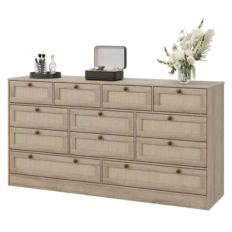 Coolmee Comò in Legno con 12 Cassetti in Rattan, Comò Largo 61 cm, Mobile da Ingresso, Comò Armadio in Legno, Comò Moderno Porta TV per TV da 65 Pollici