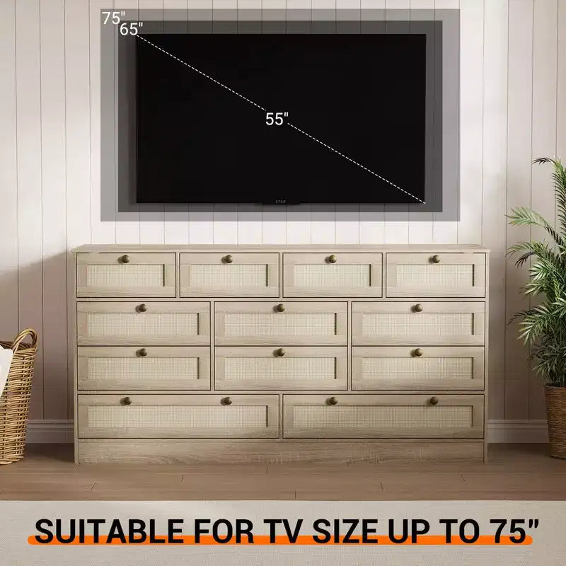 Coolmee Comò in Legno con 12 Cassetti in Rattan, Comò Largo 61 cm, Mobile da Ingresso, Comò Armadio in Legno, Comò Moderno Porta TV per TV da 65 Pollici