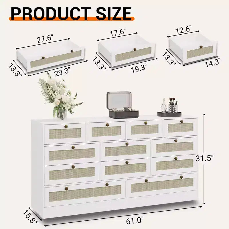 Coolmee Comò in Legno con 12 Cassetti in Rattan, Comò Largo 61 cm, Mobile da Ingresso, Comò Armadio in Legno, Comò Moderno Porta TV per TV da 65 Pollici