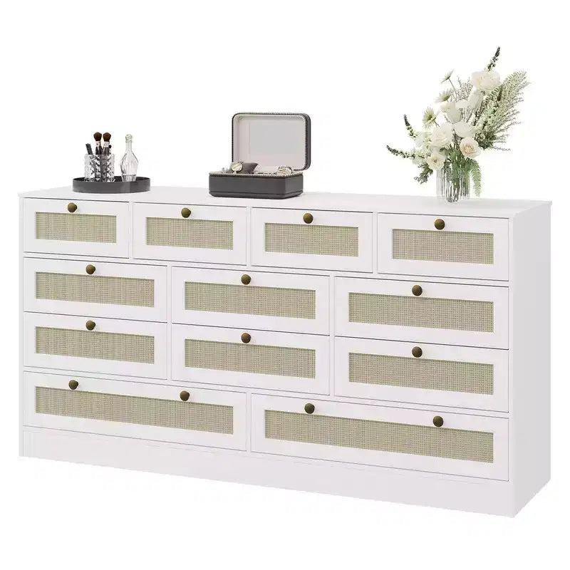 Coolmee Comò in Legno con 12 Cassetti in Rattan, Comò Largo 61 cm, Mobile da Ingresso, Comò Armadio in Legno, Comò Moderno Porta TV per TV da 65 Pollici