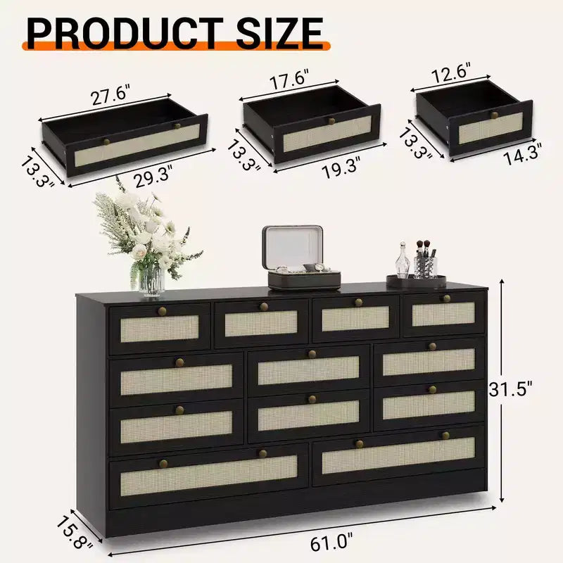 Coolmee Comò in Legno con 12 Cassetti in Rattan, Comò Largo 61 cm, Mobile da Ingresso, Comò Armadio in Legno, Comò Moderno Porta TV per TV da 65 Pollici