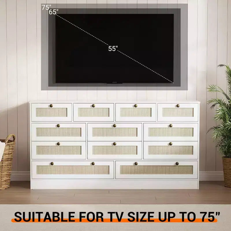 Coolmee Comò in Legno con 12 Cassetti in Rattan, Comò Largo 61 cm, Mobile da Ingresso, Comò Armadio in Legno, Comò Moderno Porta TV per TV da 65 Pollici