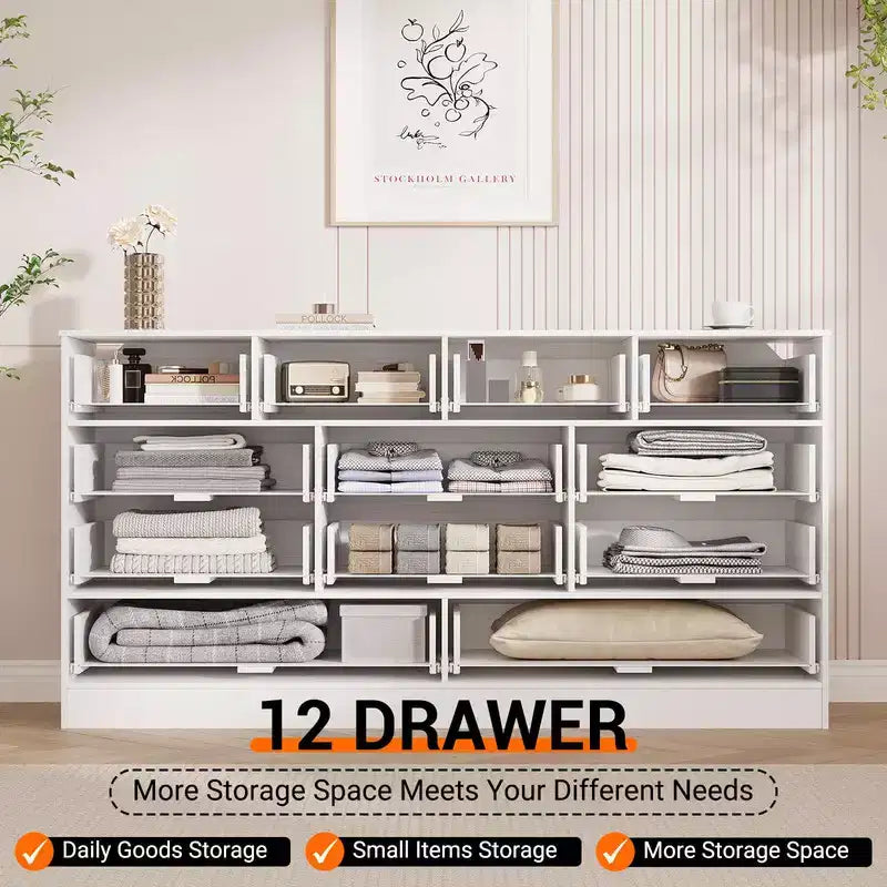 Coolmee Comò in Legno con 12 Cassetti in Rattan, Comò Largo 61 cm, Mobile da Ingresso, Comò Armadio in Legno, Comò Moderno Porta TV per TV da 65 Pollici