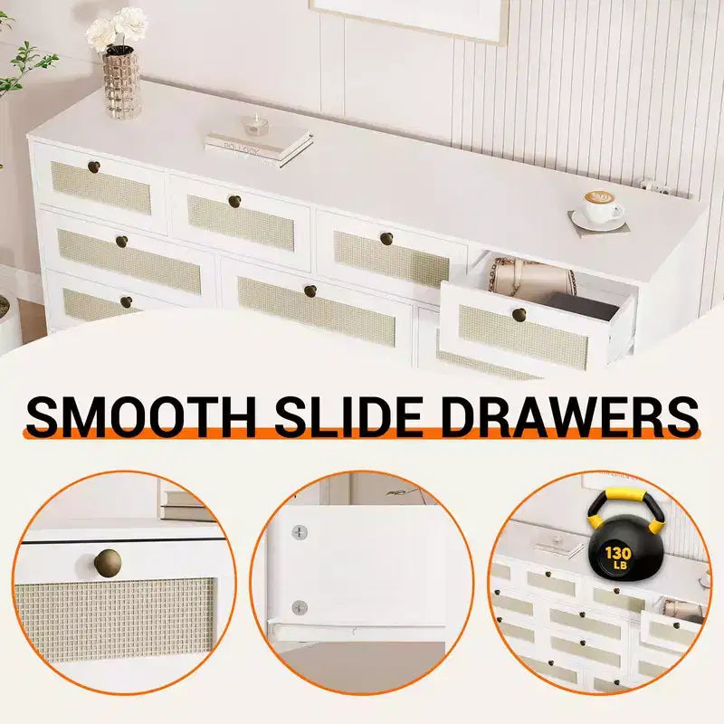 Coolmee Comò in Legno con 12 Cassetti in Rattan, Comò Largo 61 cm, Mobile da Ingresso, Comò Armadio in Legno, Comò Moderno Porta TV per TV da 65 Pollici