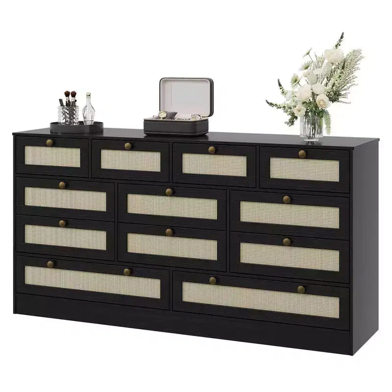 Coolmee Comò in Legno con 12 Cassetti in Rattan, Comò Largo 61 cm, Mobile da Ingresso, Comò Armadio in Legno, Comò Moderno Porta TV per TV da 65 Pollici