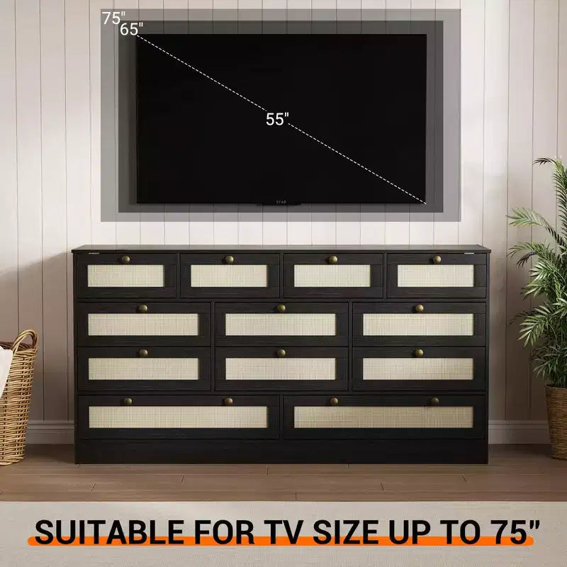 Coolmee Comò in Legno con 12 Cassetti in Rattan, Comò Largo 61 cm, Mobile da Ingresso, Comò Armadio in Legno, Comò Moderno Porta TV per TV da 65 Pollici