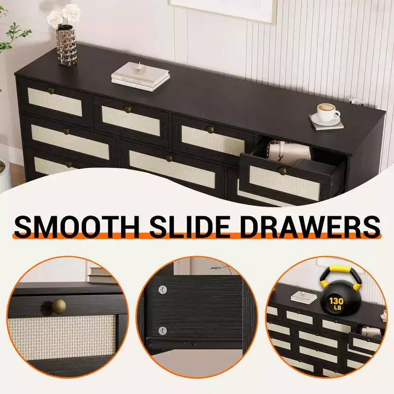 Coolmee Comò in Legno con 12 Cassetti in Rattan, Comò Largo 61 cm, Mobile da Ingresso, Comò Armadio in Legno, Comò Moderno Porta TV per TV da 65 Pollici