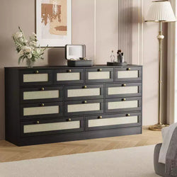 Coolmee Wood Dressers for with 12 Rattan Drawers, 61 Wide Chest of Drawers, Hallway, Wooden Closet Dressers, Modern TV Stand Dresser for 65 Inch TV