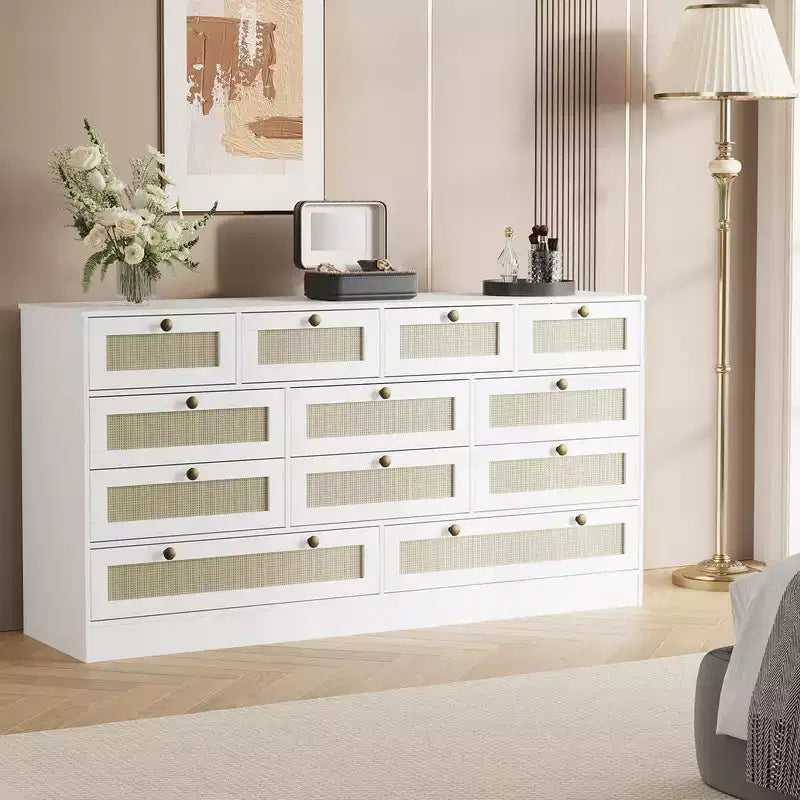 Coolmee Comò in Legno con 12 Cassetti in Rattan, Comò Largo 61 cm, Mobile da Ingresso, Comò Armadio in Legno, Comò Moderno Porta TV per TV da 65 Pollici