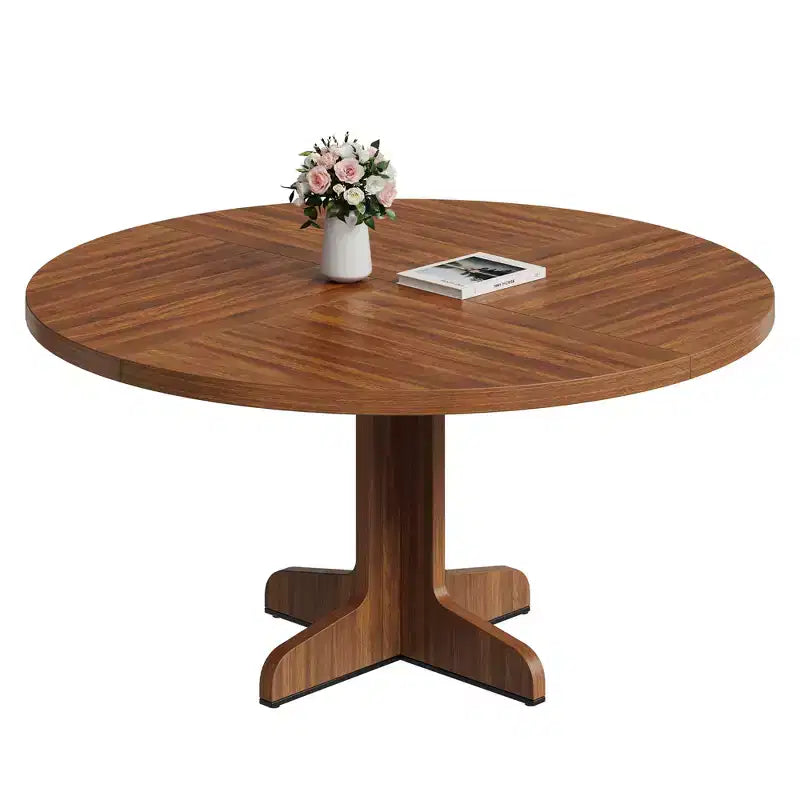 Round Dining Table for 4, Circle Dining Room Table with Wooden Base for Kitchen, Living Room,Walnut