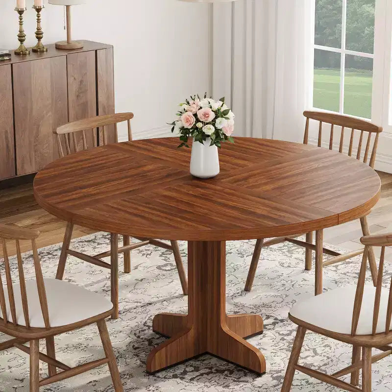 Tavolo da pranzo rotondo per 4 persone, tavolo da pranzo circolare con base in legno per cucina, soggiorno, noce
