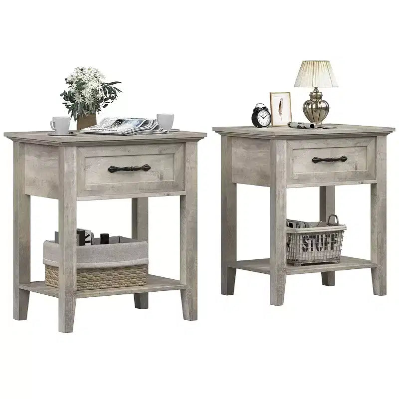 Bedside Table,2PCS End Table with Drawer, Nightstands Set of 2, 2 Tiers Storage Side Table with Dresser for Living Room, Bedroom, Dorm, Grey