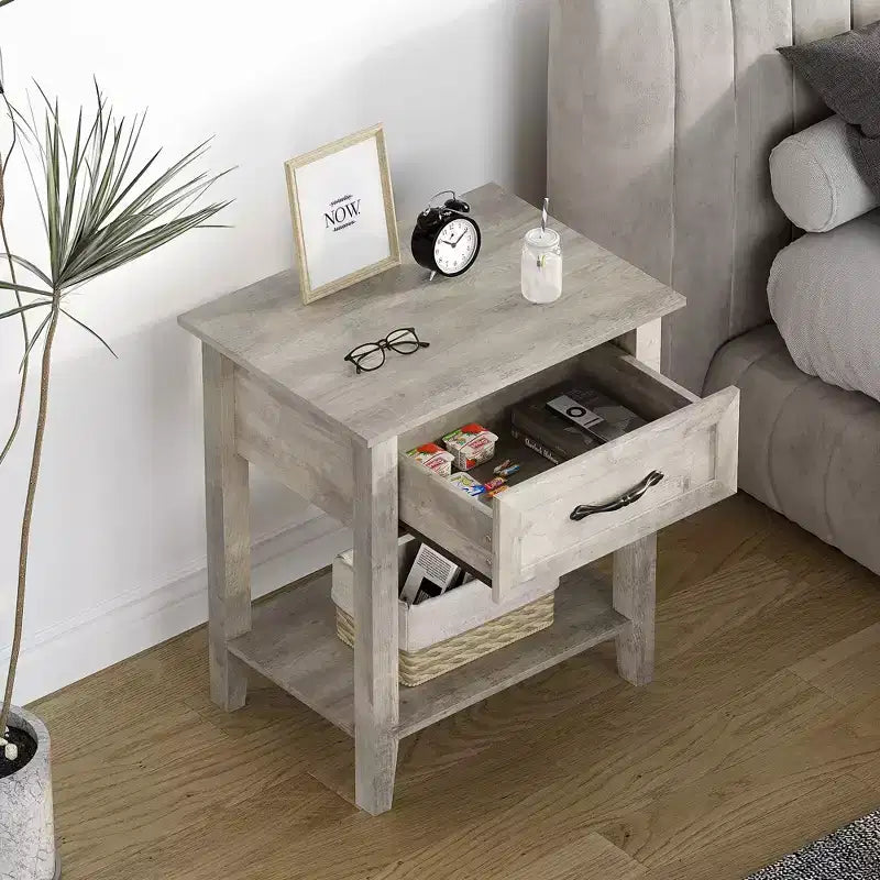 Comodino, set di 2 tavolini con cassetto, comodini set da 2, tavolino contenitore a 2 ripiani con cassettiera per soggiorno, camera da letto, dormitorio, grigio