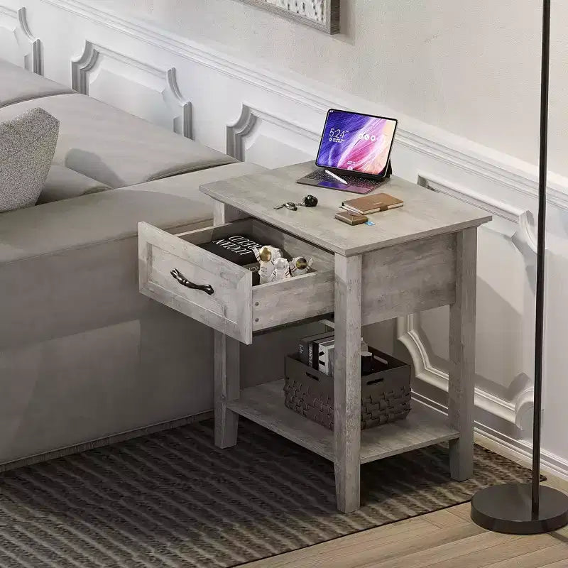 Comodino, set di 2 tavolini con cassetto, comodini set da 2, tavolino contenitore a 2 ripiani con cassettiera per soggiorno, camera da letto, dormitorio, grigio