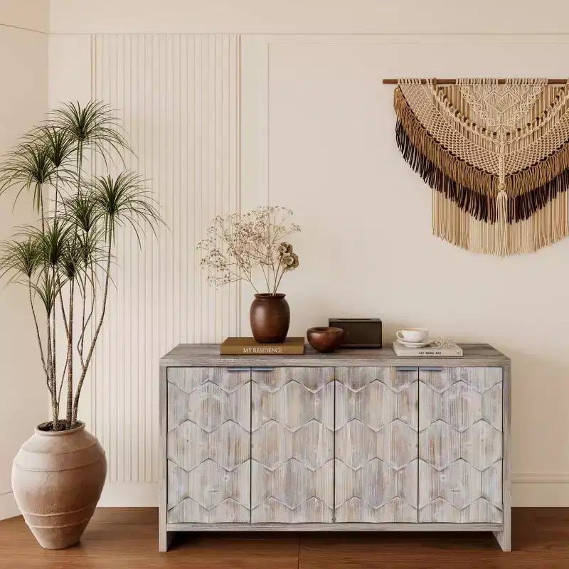 Credenza Buffet, Mobile Dispensa da Cucina con 4 Maniglie Metalliche, Mobile Bar per Caffè con Motivo Esagonale