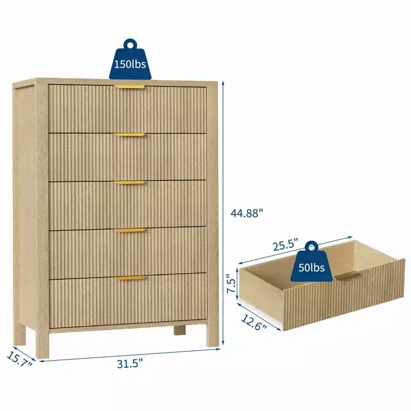 Spazi Piccoli, Cassettiera a 5 cassetti scanalata, in legno, stile moderno rustico per camera da letto