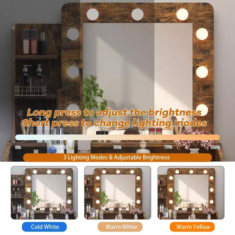 Toeletta con specchio e luci, Toeletta per il trucco con presa di corrente e sgabello imbottito, 3 modalità di illuminazione con luminosità regolabile, Tavolo da trucco