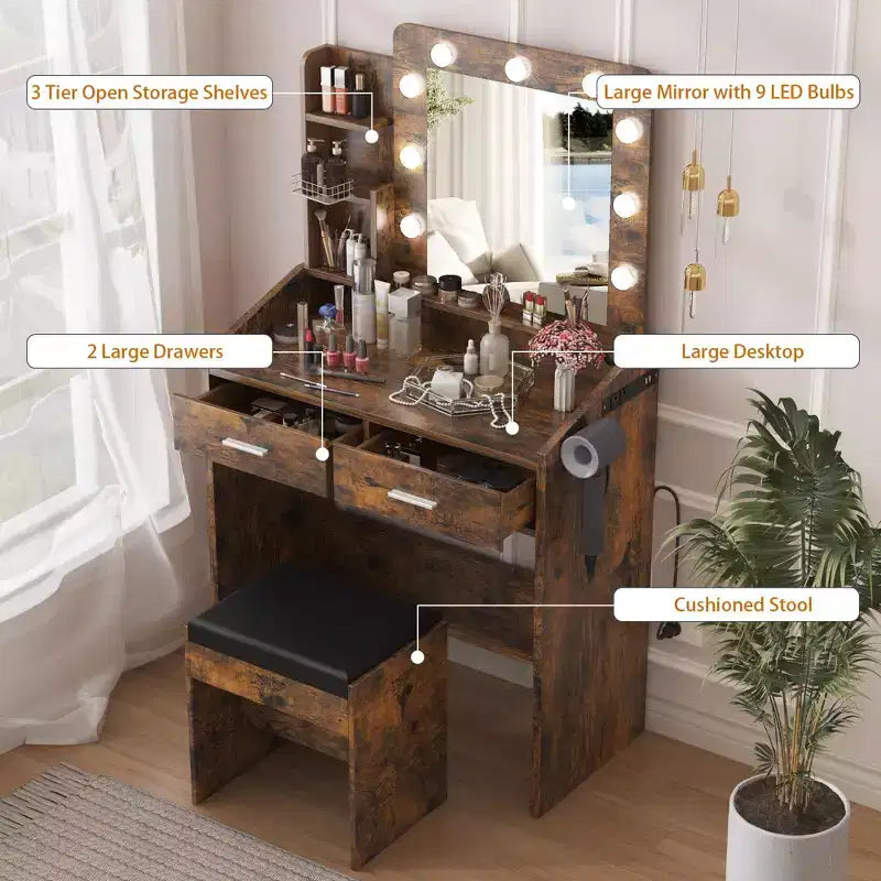 Toeletta con specchio e luci, Toeletta per il trucco con presa di corrente e sgabello imbottito, 3 modalità di illuminazione con luminosità regolabile, Tavolo da trucco