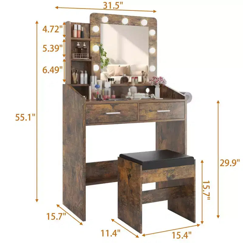 Toeletta con specchio e luci, Toeletta per il trucco con presa di corrente e sgabello imbottito, 3 modalità di illuminazione con luminosità regolabile, Tavolo da trucco