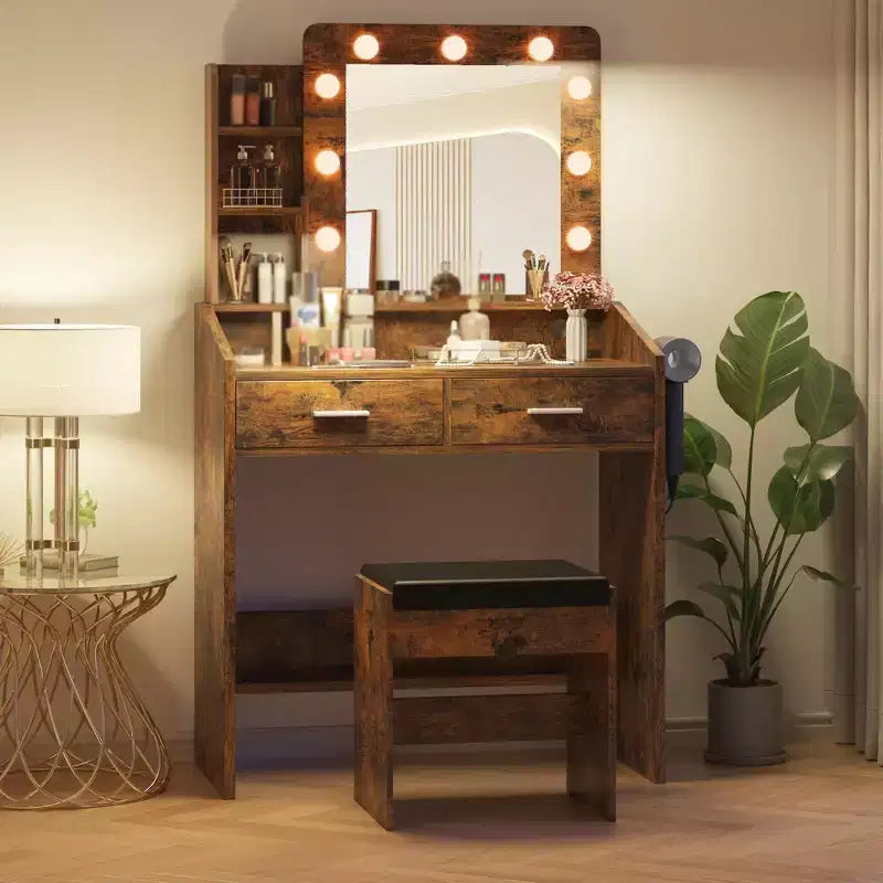 Toeletta con specchio e luci, Toeletta per il trucco con presa di corrente e sgabello imbottito, 3 modalità di illuminazione con luminosità regolabile, Tavolo da trucco