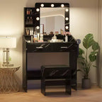 Toeletta con specchio e luci, Toeletta per il trucco con presa di corrente e sgabello imbottito, 3 modalità di illuminazione con luminosità regolabile, Tavolo da trucco