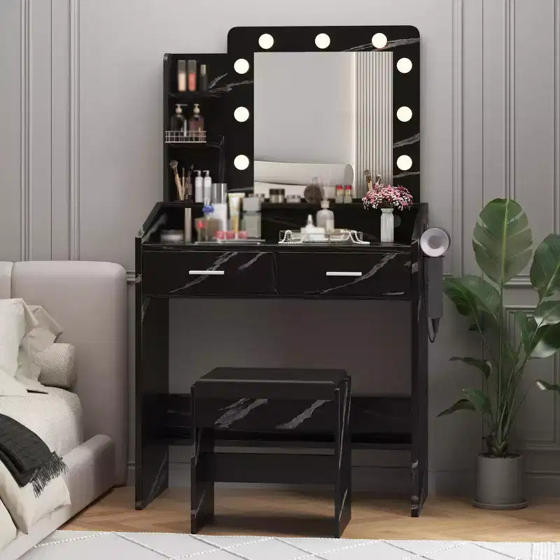 Toeletta con specchio e luci, Toeletta per il trucco con presa di corrente e sgabello imbottito, 3 modalità di illuminazione con luminosità regolabile, Tavolo da trucco