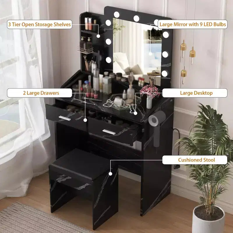 Toeletta con specchio e luci, Toeletta per il trucco con presa di corrente e sgabello imbottito, 3 modalità di illuminazione con luminosità regolabile, Tavolo da trucco