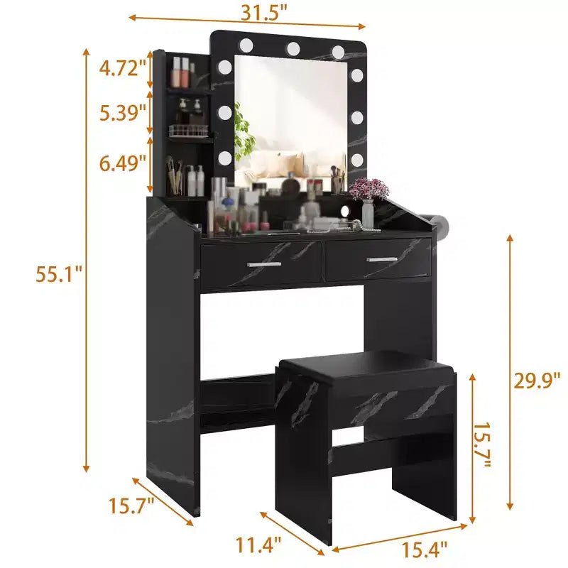 Toeletta con specchio e luci, Toeletta per il trucco con presa di corrente e sgabello imbottito, 3 modalità di illuminazione con luminosità regolabile, Tavolo da trucco