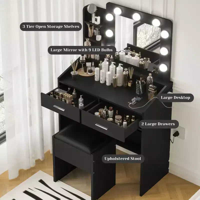 Toeletta con specchio e luci, Toeletta per il trucco con presa di corrente e sgabello imbottito, 3 modalità di illuminazione con luminosità regolabile, Tavolo da trucco