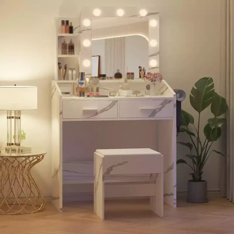 Toeletta con specchio e luci, Toeletta per il trucco con presa di corrente e sgabello imbottito, 3 modalità di illuminazione con luminosità regolabile, Tavolo da trucco