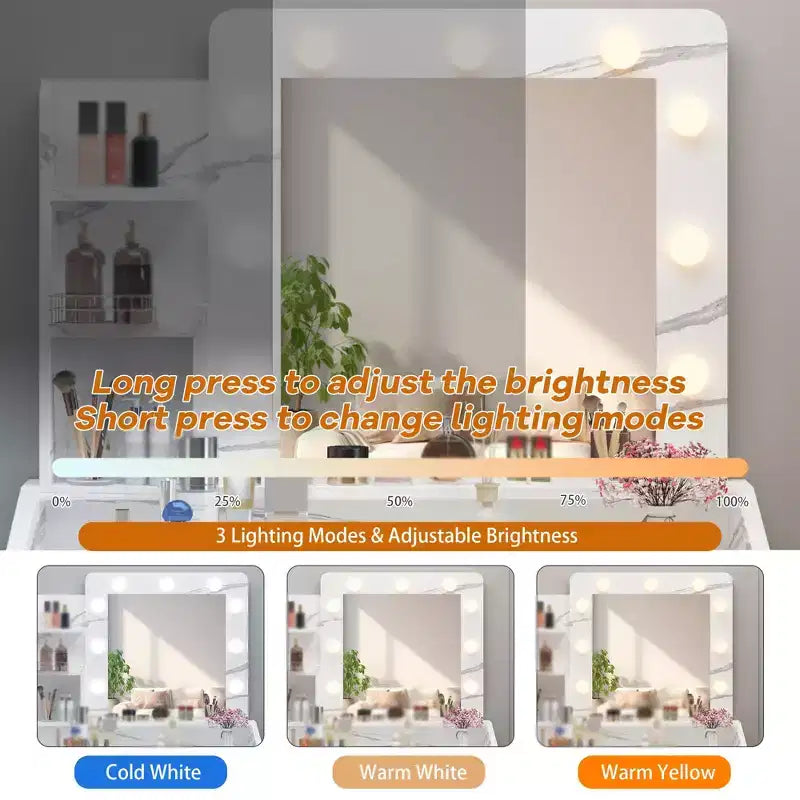 Toeletta con specchio e luci, Toeletta per il trucco con presa di corrente e sgabello imbottito, 3 modalità di illuminazione con luminosità regolabile, Tavolo da trucco
