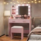 Toeletta con specchio e luci, Toeletta per il trucco con presa di corrente e sgabello imbottito, 3 modalità di illuminazione con luminosità regolabile, Tavolo da trucco