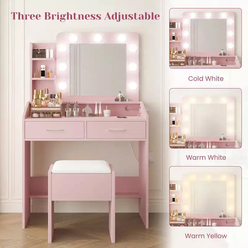 Toeletta con specchio e luci, Toeletta per il trucco con presa di corrente e sgabello imbottito, 3 modalità di illuminazione con luminosità regolabile, Tavolo da trucco