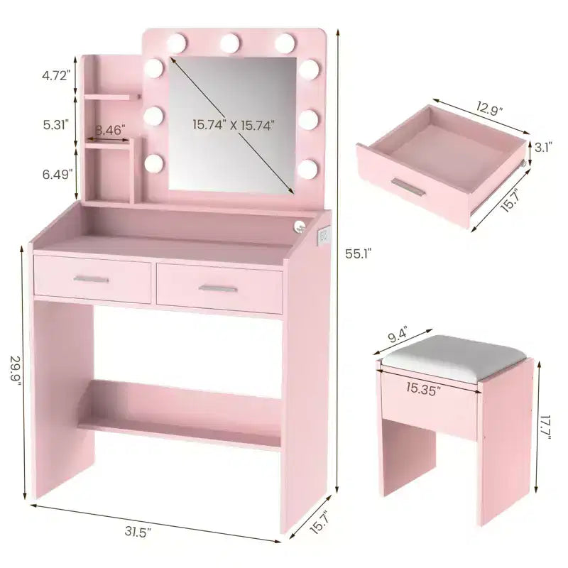 Toeletta con specchio e luci, Toeletta per il trucco con presa di corrente e sgabello imbottito, 3 modalità di illuminazione con luminosità regolabile, Tavolo da trucco