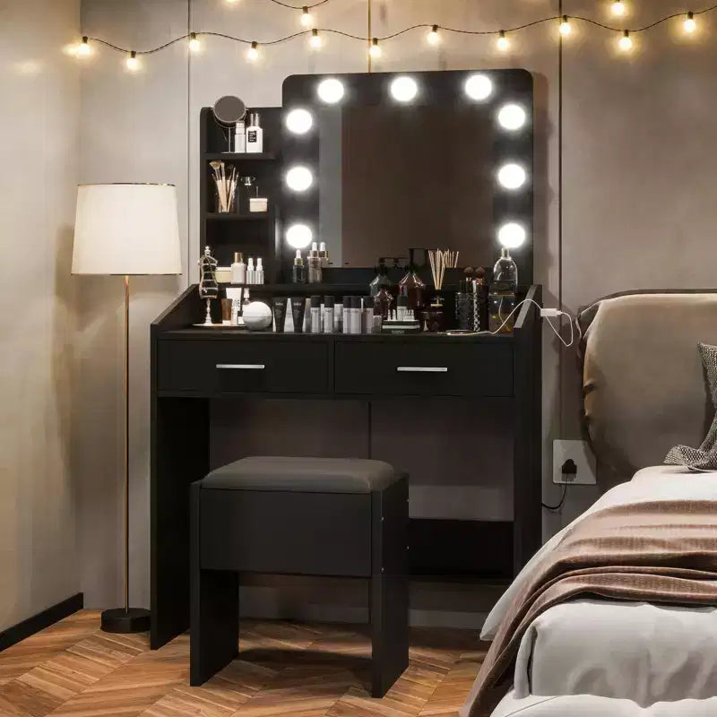 Toeletta con specchio e luci, Toeletta per il trucco con presa di corrente e sgabello imbottito, 3 modalità di illuminazione con luminosità regolabile, Tavolo da trucco