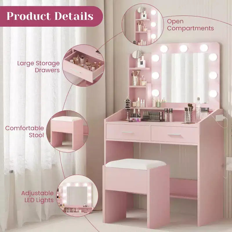 Toeletta con specchio e luci, Toeletta per il trucco con presa di corrente e sgabello imbottito, 3 modalità di illuminazione con luminosità regolabile, Tavolo da trucco