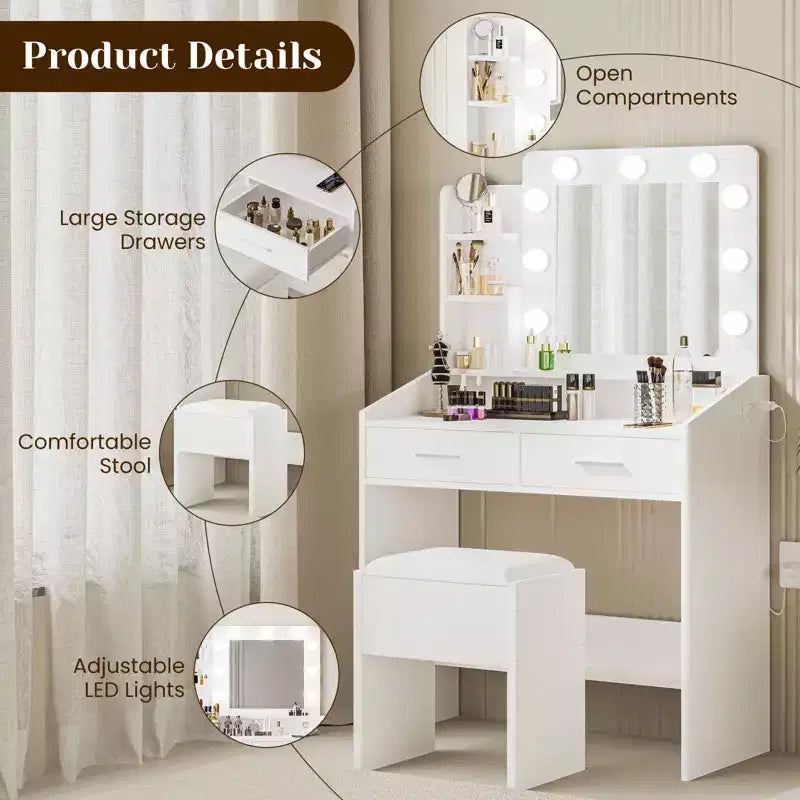 Toeletta con specchio e luci, Toeletta per il trucco con presa di corrente e sgabello imbottito, 3 modalità di illuminazione con luminosità regolabile, Tavolo da trucco