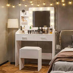 Toeletta con specchio e luci, Toeletta per il trucco con presa di corrente e sgabello imbottito, 3 modalità di illuminazione con luminosità regolabile, Tavolo da trucco