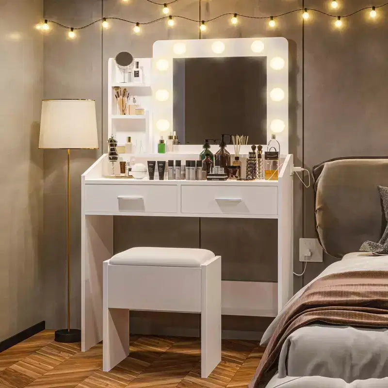 Toeletta con specchio e luci, Toeletta per il trucco con presa di corrente e sgabello imbottito, 3 modalità di illuminazione con luminosità regolabile, Tavolo da trucco