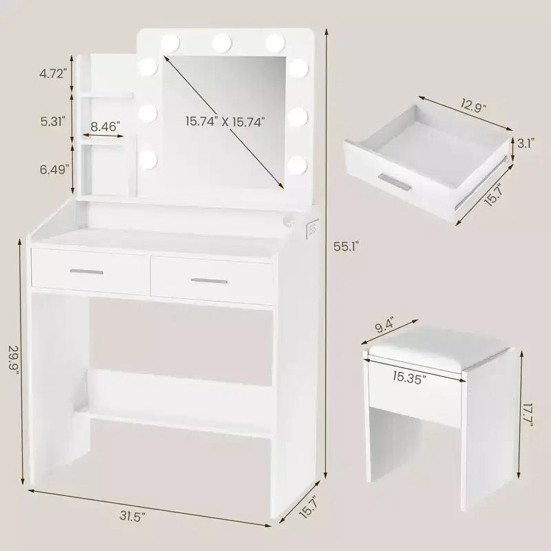 Toeletta con specchio e luci, Toeletta per il trucco con presa di corrente e sgabello imbottito, 3 modalità di illuminazione con luminosità regolabile, Tavolo da trucco