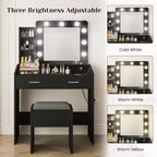 Toeletta con specchio e luci, Toeletta per il trucco con presa di corrente e sgabello imbottito, 3 modalità di illuminazione con luminosità regolabile, Tavolo da trucco