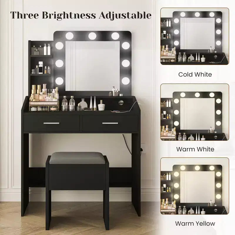 Toeletta con specchio e luci, Toeletta per il trucco con presa di corrente e sgabello imbottito, 3 modalità di illuminazione con luminosità regolabile, Tavolo da trucco